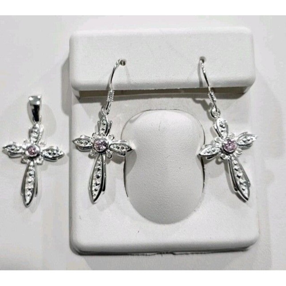 Pink Stone Cross Dangle Earrings And Pendant Set Silver 925